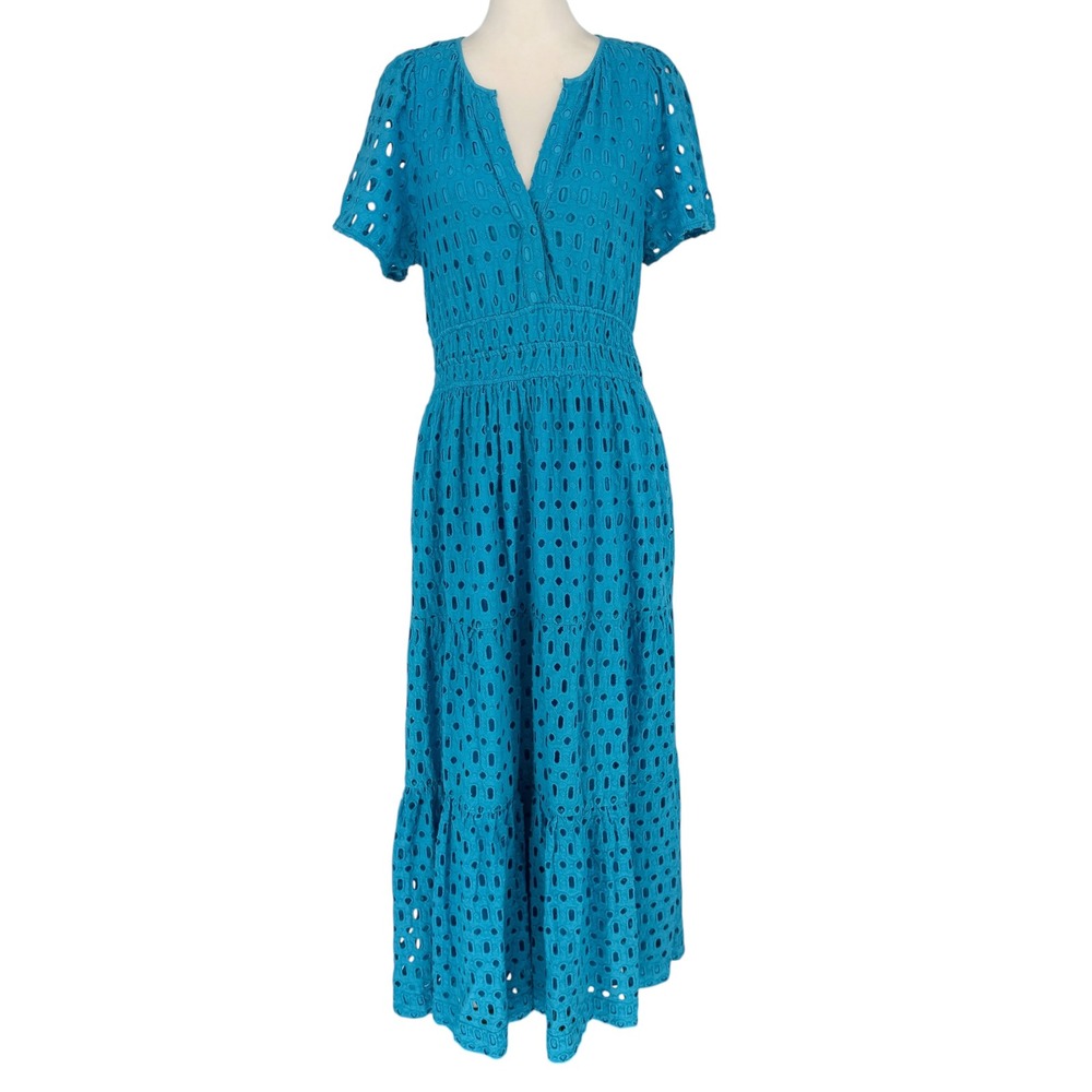 Anthropologie Somerset Long Maxi Dress Size L Blue Eyelet Smocked Tiered V Neck - Picture 2 of 10